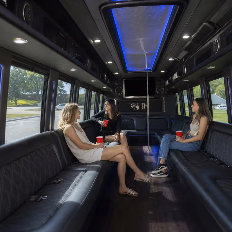 Passenger watching the Philadelphia scenery during a regional party bus road trip