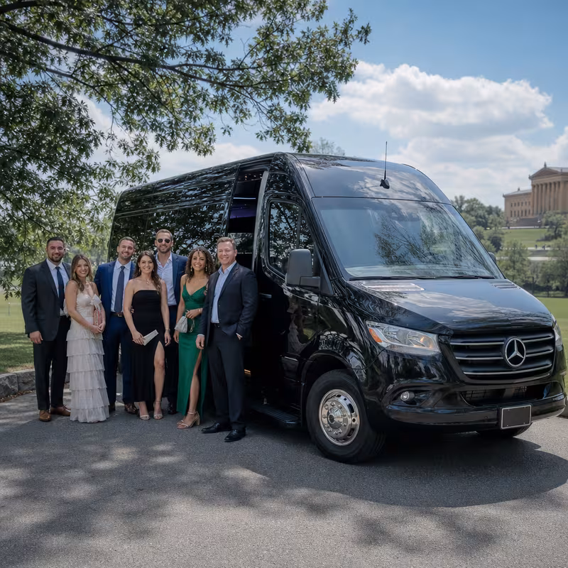 Group beside a Mercedes Sprinter limo from the Philadelphia fleet