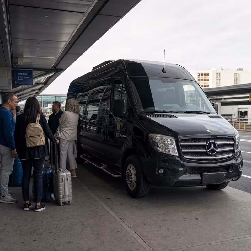 Group boarding a white charter bus for Airport Transportation transportation in Philadelphia