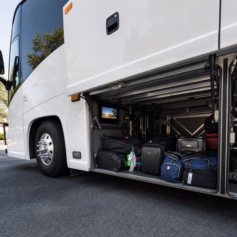 Party bus interior with wraparound leather seating and LED lighting in Philadelphia