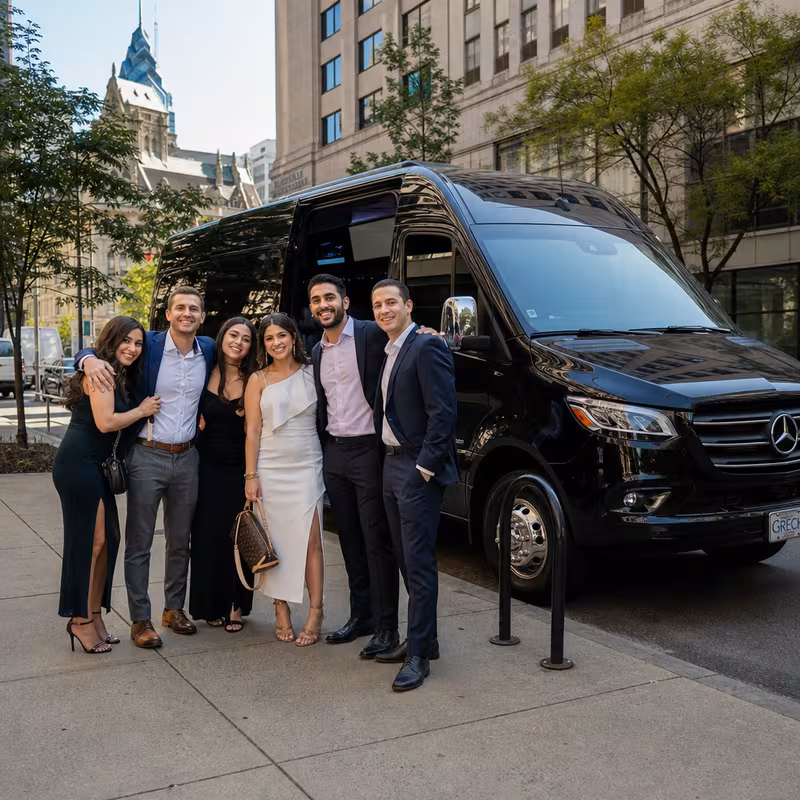 Group boarding a white charter bus for Bachelor & Bachelorette Transportation transportation in Philadelphia