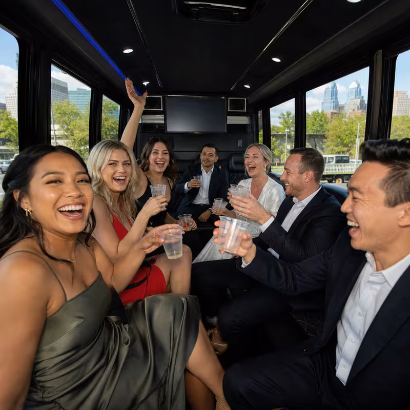 Party bus interior with wraparound leather seating and LED lighting in Philadelphia