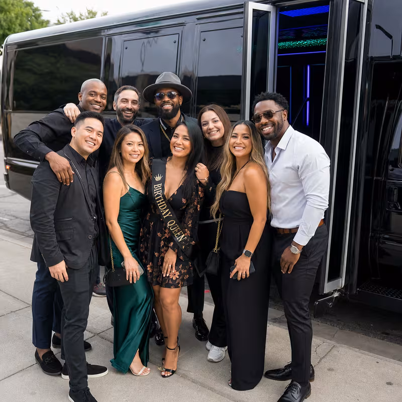Party bus interior with wraparound leather seating and LED lighting in Philadelphia