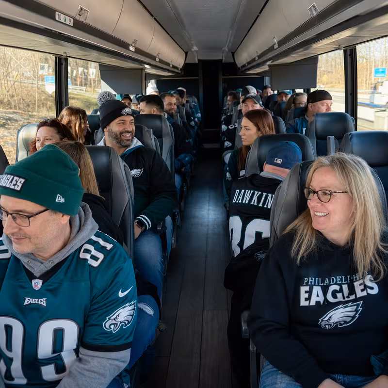 Passenger seating aboard a Philadelphia party bus rental
