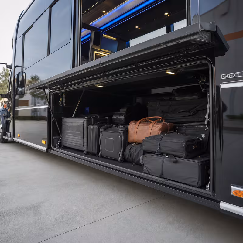 Party bus interior with wraparound leather seating and LED lighting in Philadelphia