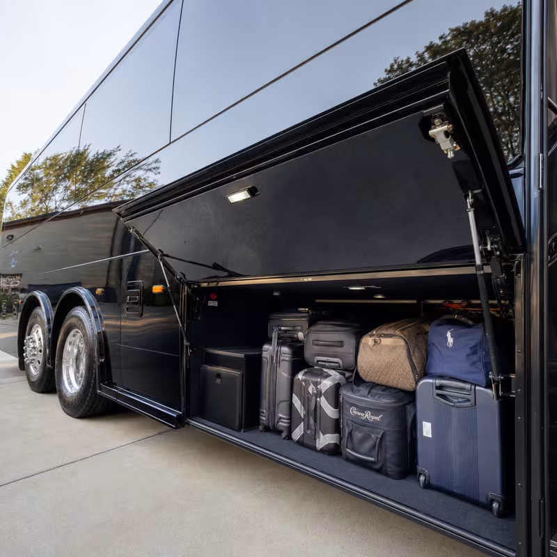 Party bus interior with wraparound leather seating and LED lighting in Philadelphia